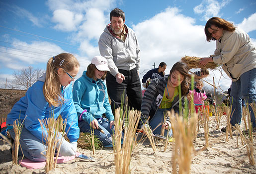 Kids planting grass for coastal restoration greening project